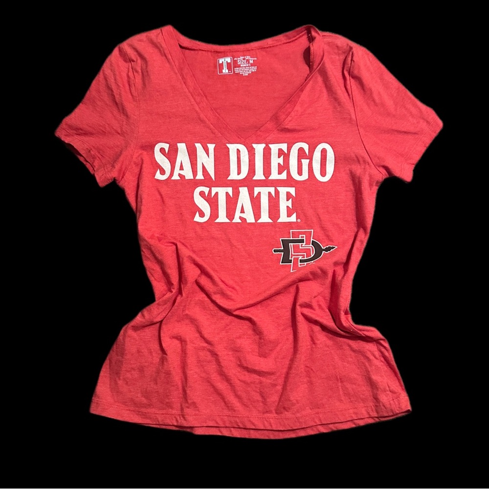 San Diego State V-Neck Tee with Logo - Red & White